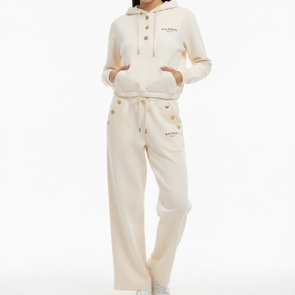 Elegant Cream Track Set with Gold Button Accents Premium Casual Wear