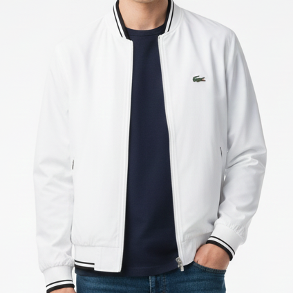 Classic White Zip-Up Men’s Jacket with Sporty Ribbed Finish