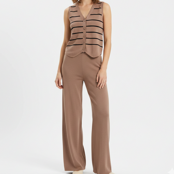 Women’s  Knitted Co-Ord Set  Sleeveless Striped Button Vest Top with Long Pant