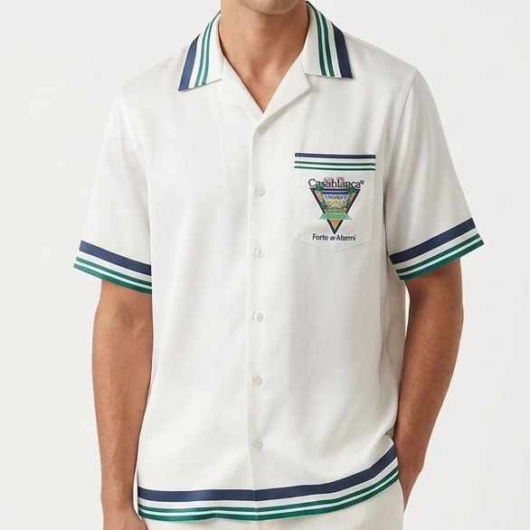 Premium White Printed Shirt with Striped Collar & Hem