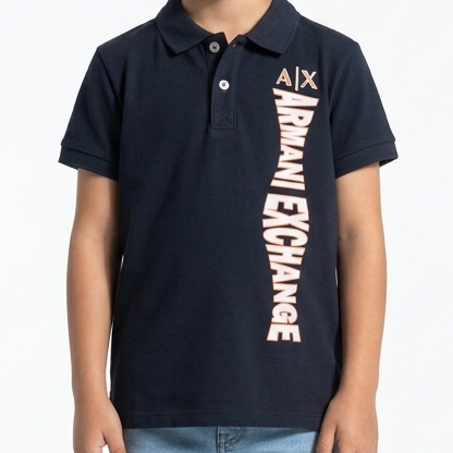 Kids Navy Blue Premium Branded  Polo T-Shirt with Vertical Logo Print