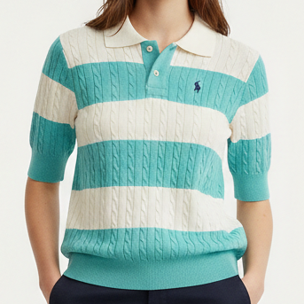Luxury Skyblue and White Cable-Knit Striped Polo