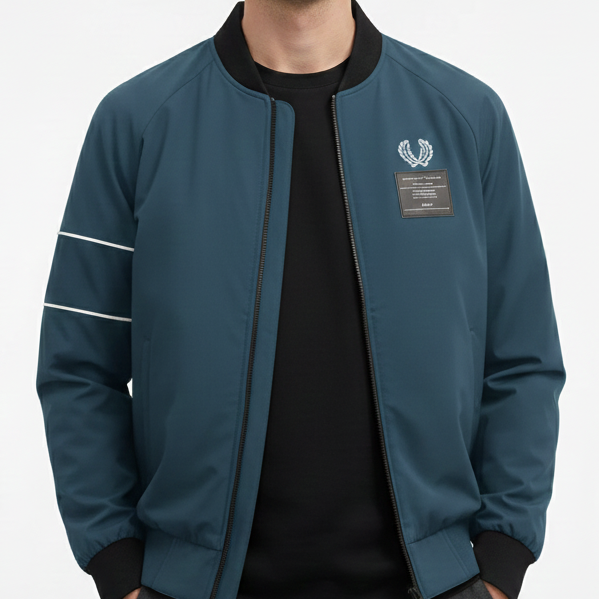 Men’s Blue Casual Zip-Up Jacket with Ribbed Hem