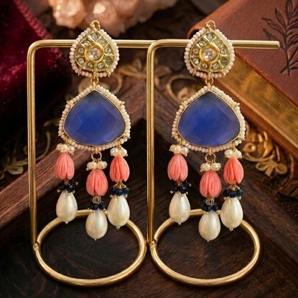 Elegant Blue Doublet Stone Brass Earrings with Coral Tulips & Shell Pearl Drops