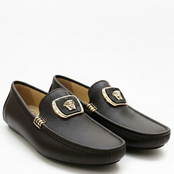 Men’s Black Leather Luxury Slip-On Loafers with Gold Emblem Elegant Formal Shoes