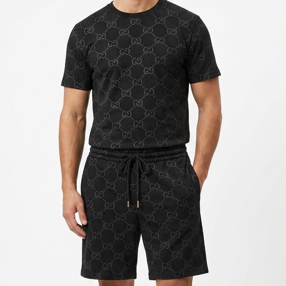 Luxury Black Monogram Co-Ord Set for Men  Premium T-Shirt & Shorts