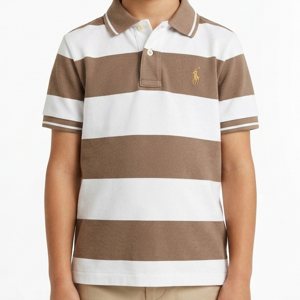 Child wearing a brown and white striped polo shirt with a logo on a white background