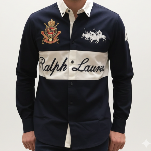 Men’s Navy Colorblock Casual Shirt Embroidered Logo Premium Long Sleeve Style