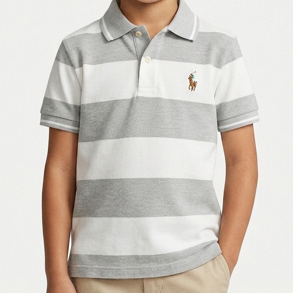 Kids Premium Grey & White Striped Polo T-Shirt  Classic Everyday Style