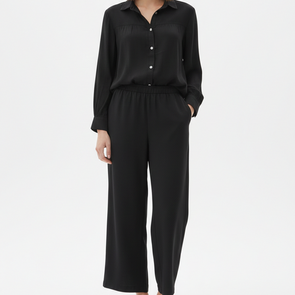 Women’s Elegant Black Co-Ord Set –Button-Down Shirt with Wide Leg Pants