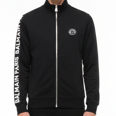 Men Black Zipper Sweatshirt with Text Sleeve Detail