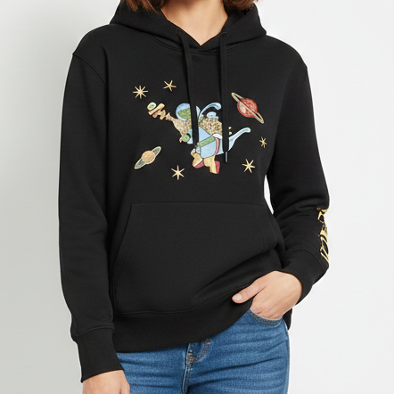 Premium Women Black Space-Themed Graphic Hoodie