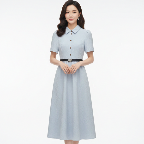 Premium Collared Short Sleeve Fit & Flare Midi Dress with Waist Belt