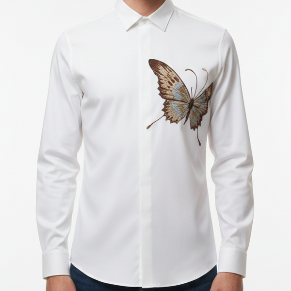 Men’s Premium Designer White Shirt with Butterfly Artwork