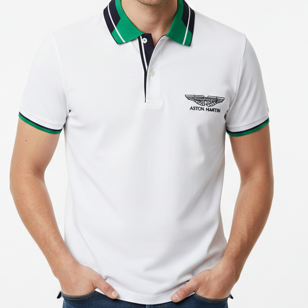 Premium White Polo Shirt with Green Contrast Collar