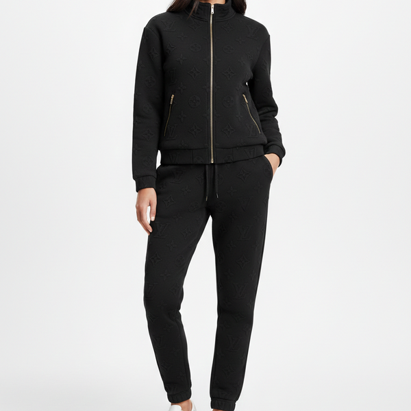 Luxury Black Women’s Tracksuit Set with Embossed Pattern