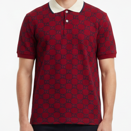 Luxury Red Monogram Polo T-Shirt , Classic Collar, Regular Fit