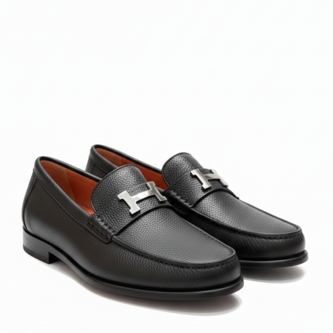Premium Black Leather Shoes  with Signature Metal H Buckle