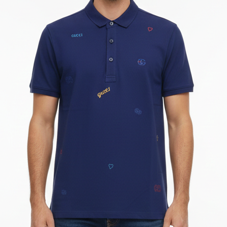 Premium Royal Blue Designer Polo T-Shirt with All-Over Logo Print
