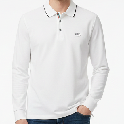 Men’s Premium White Full Sleeve Polo T-Shirt Classic Collar with Logo Detail