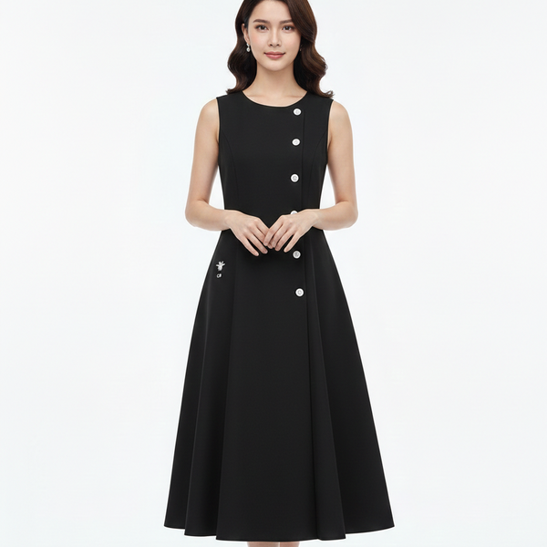 Elegant Sleeveless Black A-Line Dress with Asymmetrical Button Detailing