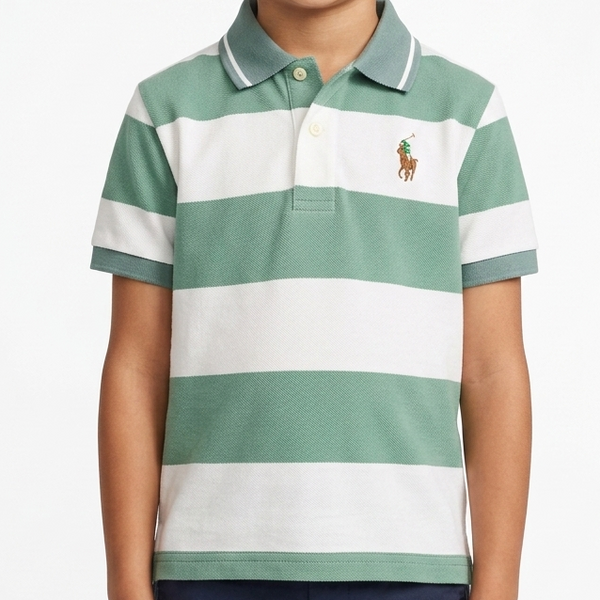 Kids Green & White Striped Polo T-Shirt – Smart Casual Style