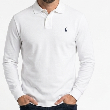 Luxury Elegant Long Sleeve Polo  Signature Collar White Edition