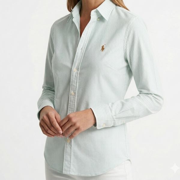 Women’s Elegant Green Striped Button-Down Shirt