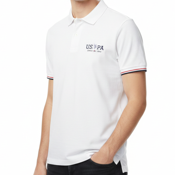Men’s White Polo T-Shirt with Chest Logo & Contrast Sleeve Stripes