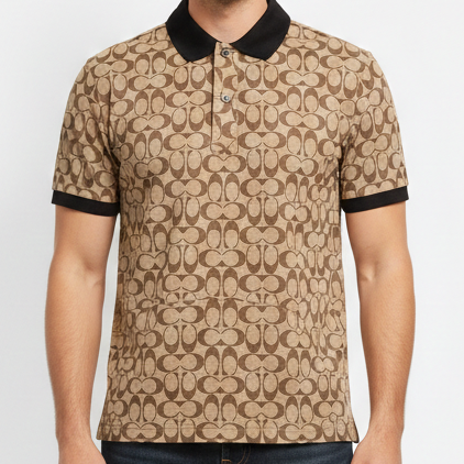 Premium Brown Monogram Polo T-Shirt with Black Collar
