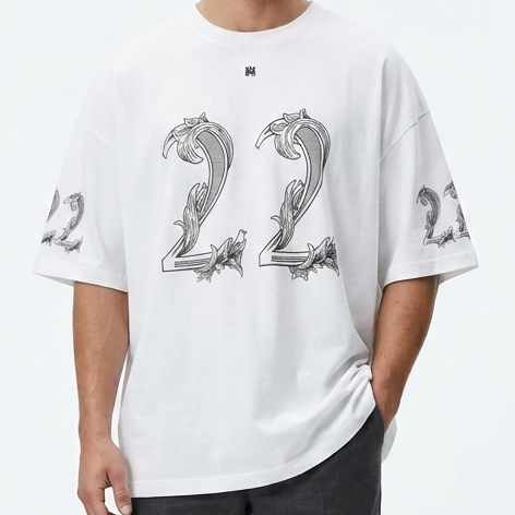 Men’s Premium White 22 Number Print T-Shirt Oversized Round Neck Casual Tee