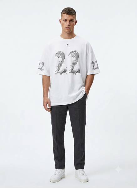Men’s Premium White 22 Number Print T-Shirt Oversized Round Neck Casual Tee
