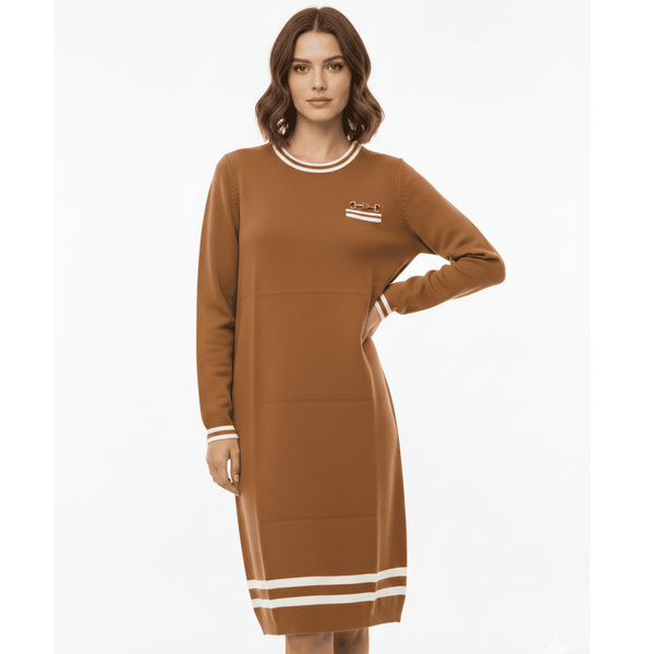 Premium Knitted Beige Dress with Gold Accent Pocket for Women