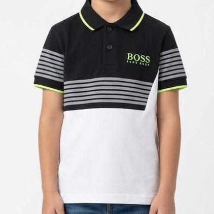 Kid's Premium Colorblock Polo T-Shirt – Black & White with Neon Detailing