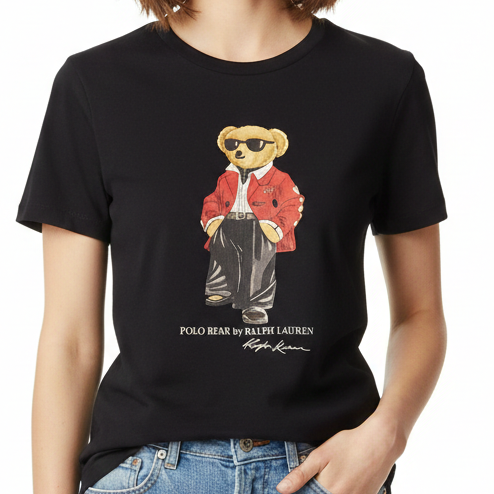Luxury Black Polo Bear Graphic T-Shirt For Women