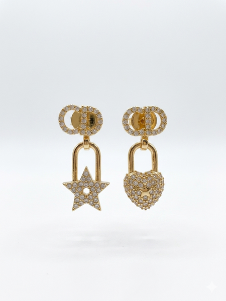 Elegant Gold-Tone Crystal Lock & Star Drop Earrings