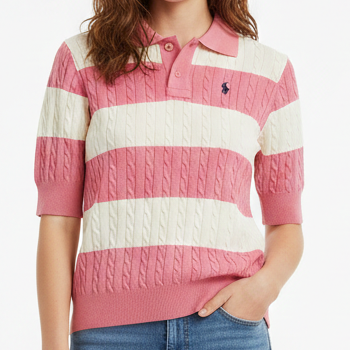 Women’s Pink & White Striped Cable-Knit Polo Tee