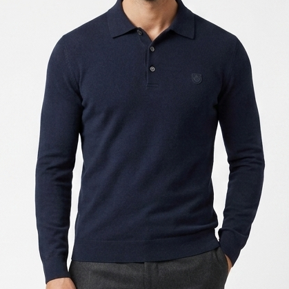 Premium Exclusive Long Sleeve Polo  Ultra-Luxury Navy Knit Edition