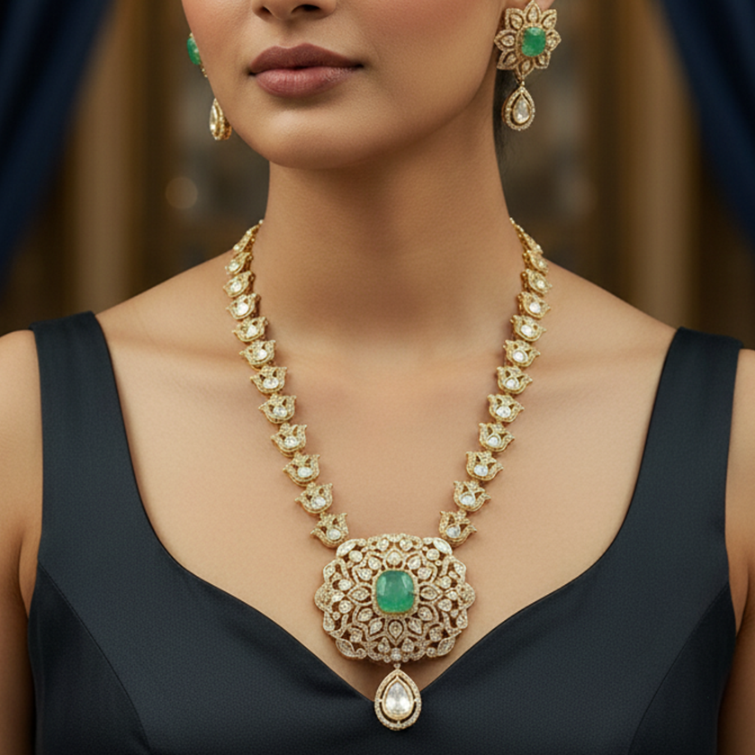 Royal  Necklace Set  with Green Stone Centerpiece & Matching Earrings
