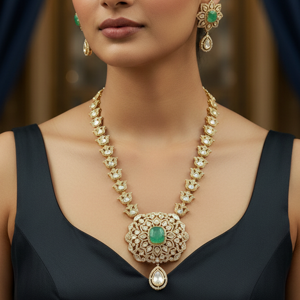 Royal  Necklace Set  with Green Stone Centerpiece & Matching Earrings