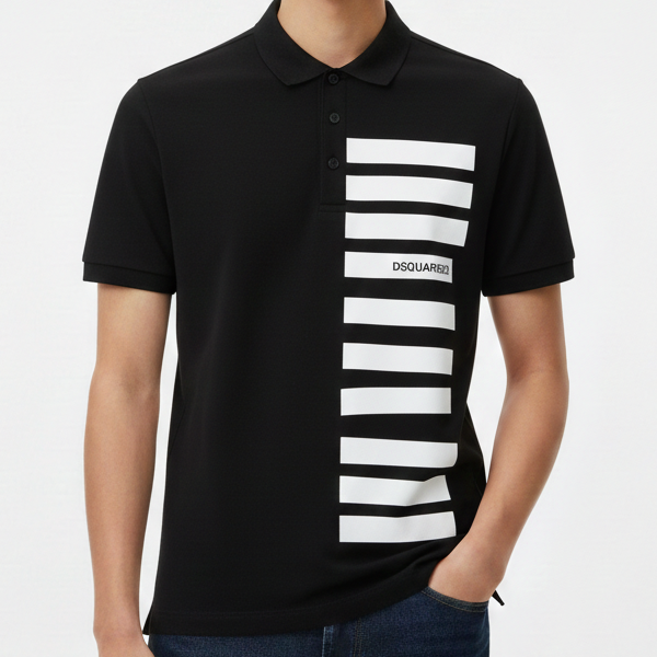 Luxury Black Polo T-Shirt with Bold Stripe Graphic Design