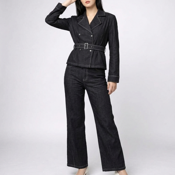 Elegant Denim Co-Ord Set for Women  Premium Blazer & Wide-Leg Pants Set