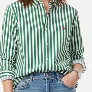 Women’s Green & White Vertical Striped Cotton Shirt  Classic Fit