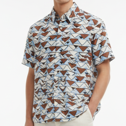 Luxury Blue Geometric Print Short-Sleeve Oversize Shirt