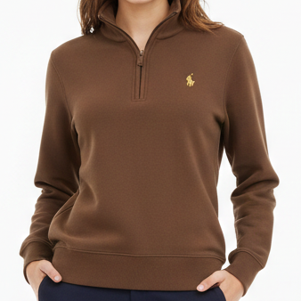 Women’s Classic Brown Quarter-Zip Pullover with Signature