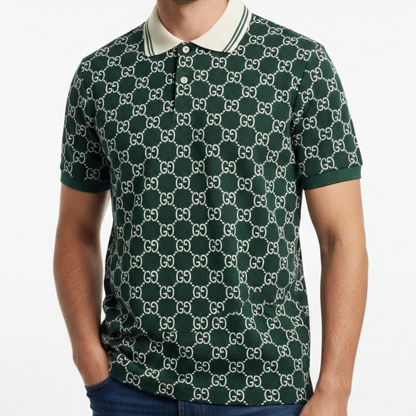 Premium Green Monogram Polo T-Shirt Designer Style, Classic Collar, Regular Fit