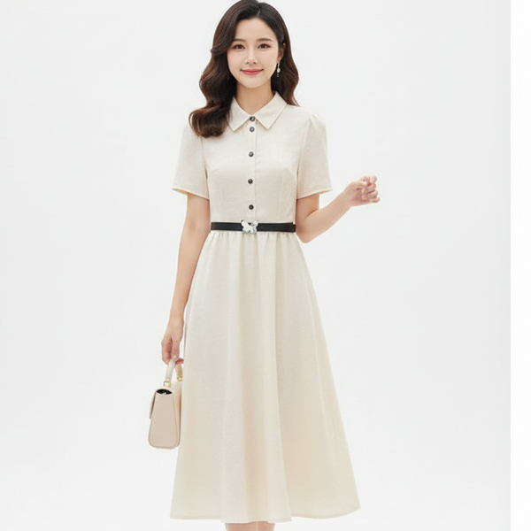 Elegant Collared Short Sleeve Fit & Flare Midi Dress with Waist Belt