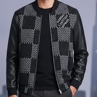 Premium Checkered Bomber Jacket with Leather Sleeves