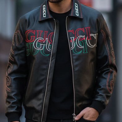 Premium Black Leather Look Jacket with Bold Multi-Color Embroidery