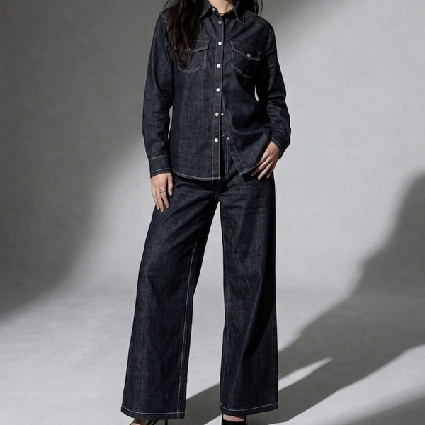 Premium  Denim Co-Ord Set for Women  Stylish Shirt & Wide-Leg Pants Set